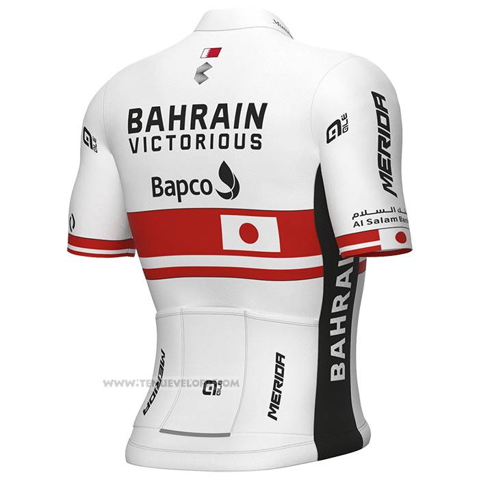 2023 Maillot Cyclisme Japanese Champion Bahrain Victorious Blanc Rouge Manches Courtes et Cuissard